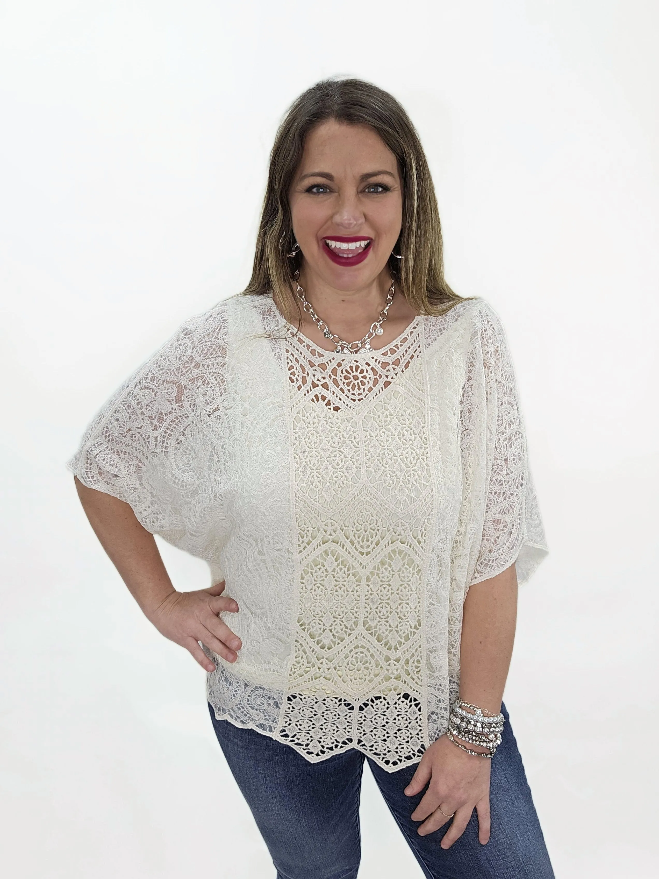 BEIGE ALL OVER LACE DOLMAN TOP