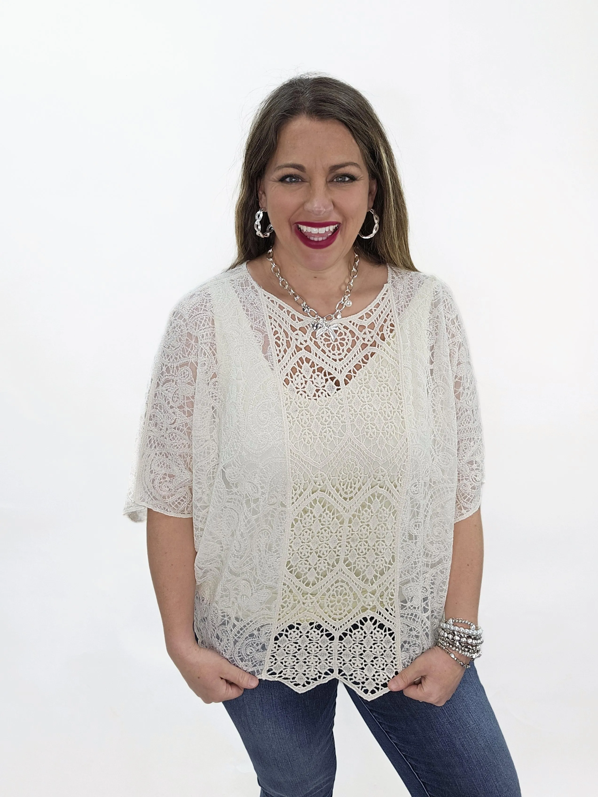 BEIGE ALL OVER LACE DOLMAN TOP