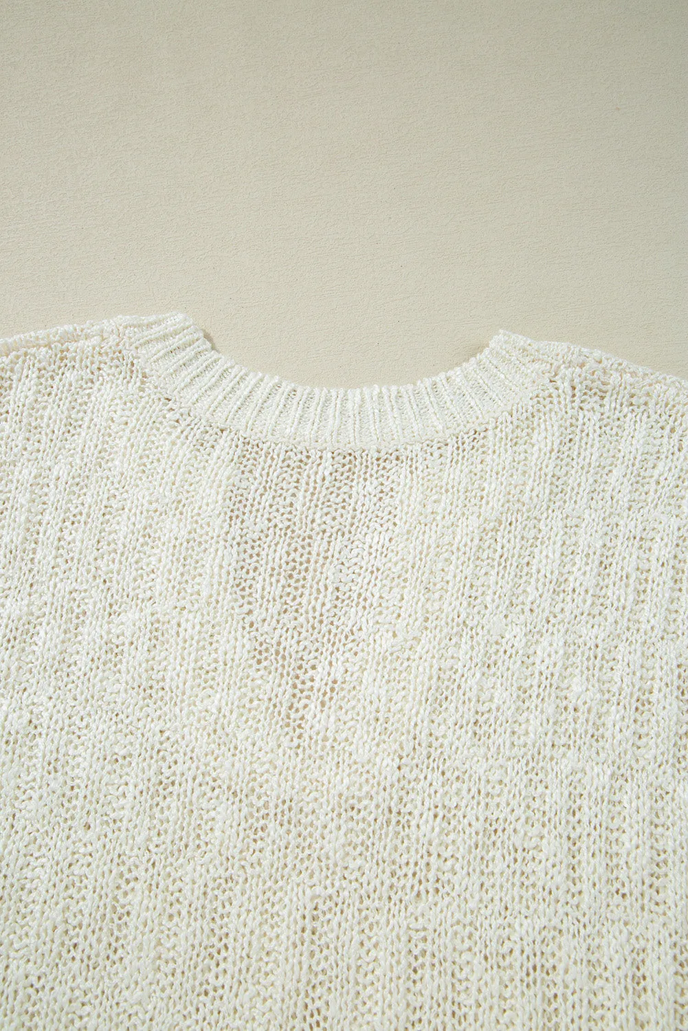 Beige Notched V Neck Short Sleeve Sweater