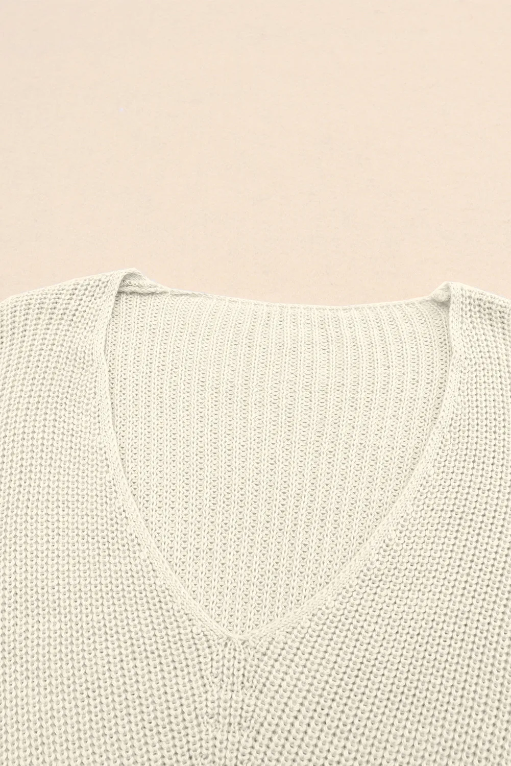 Beige Ribbed Knit V Neck Sweater