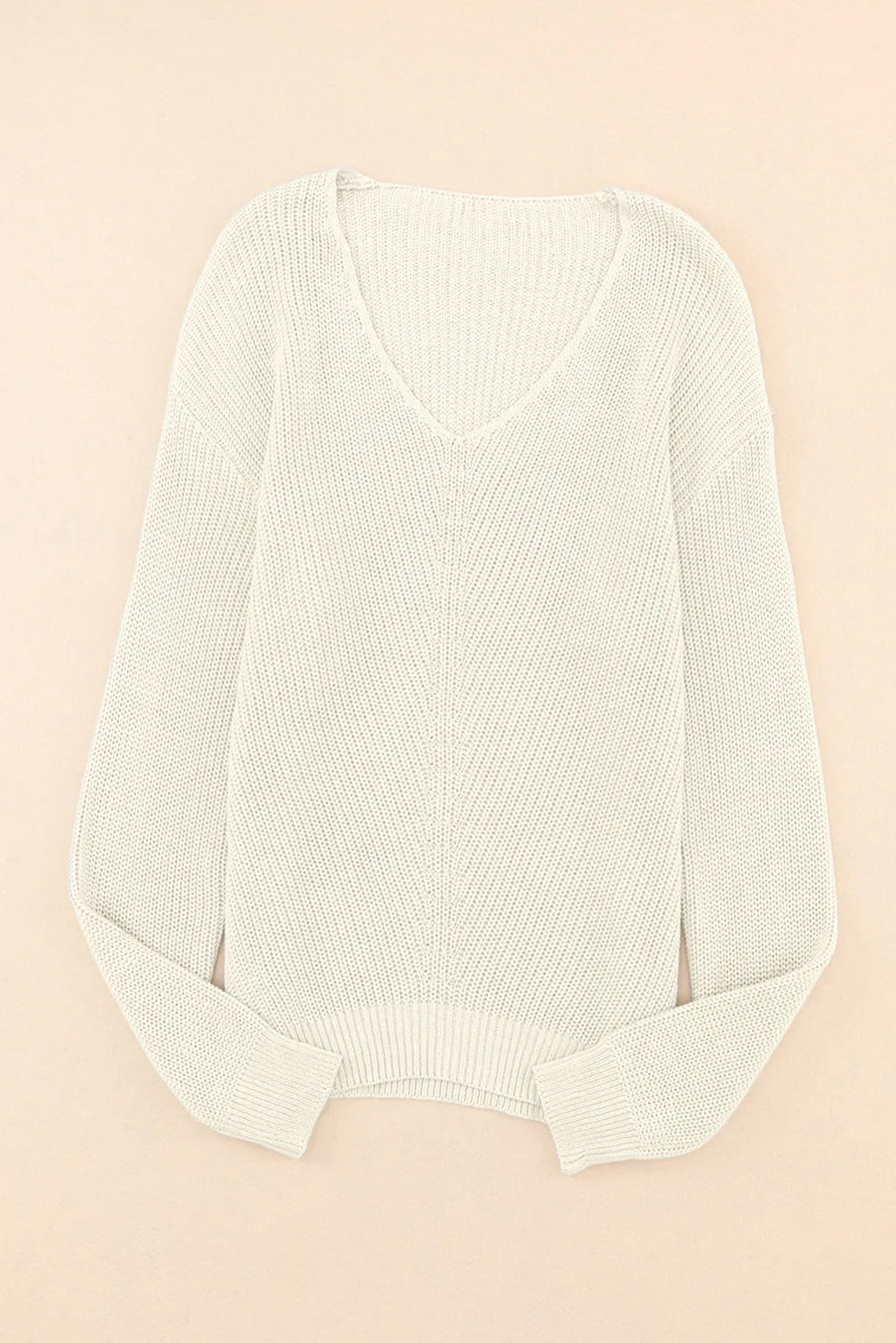 Beige Ribbed Knit V Neck Sweater