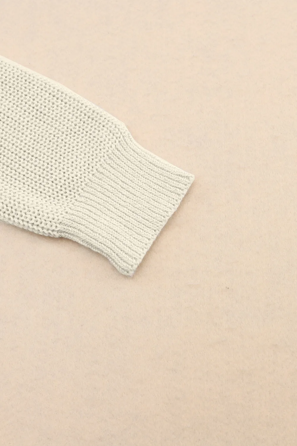 Beige Ribbed Knit V Neck Sweater