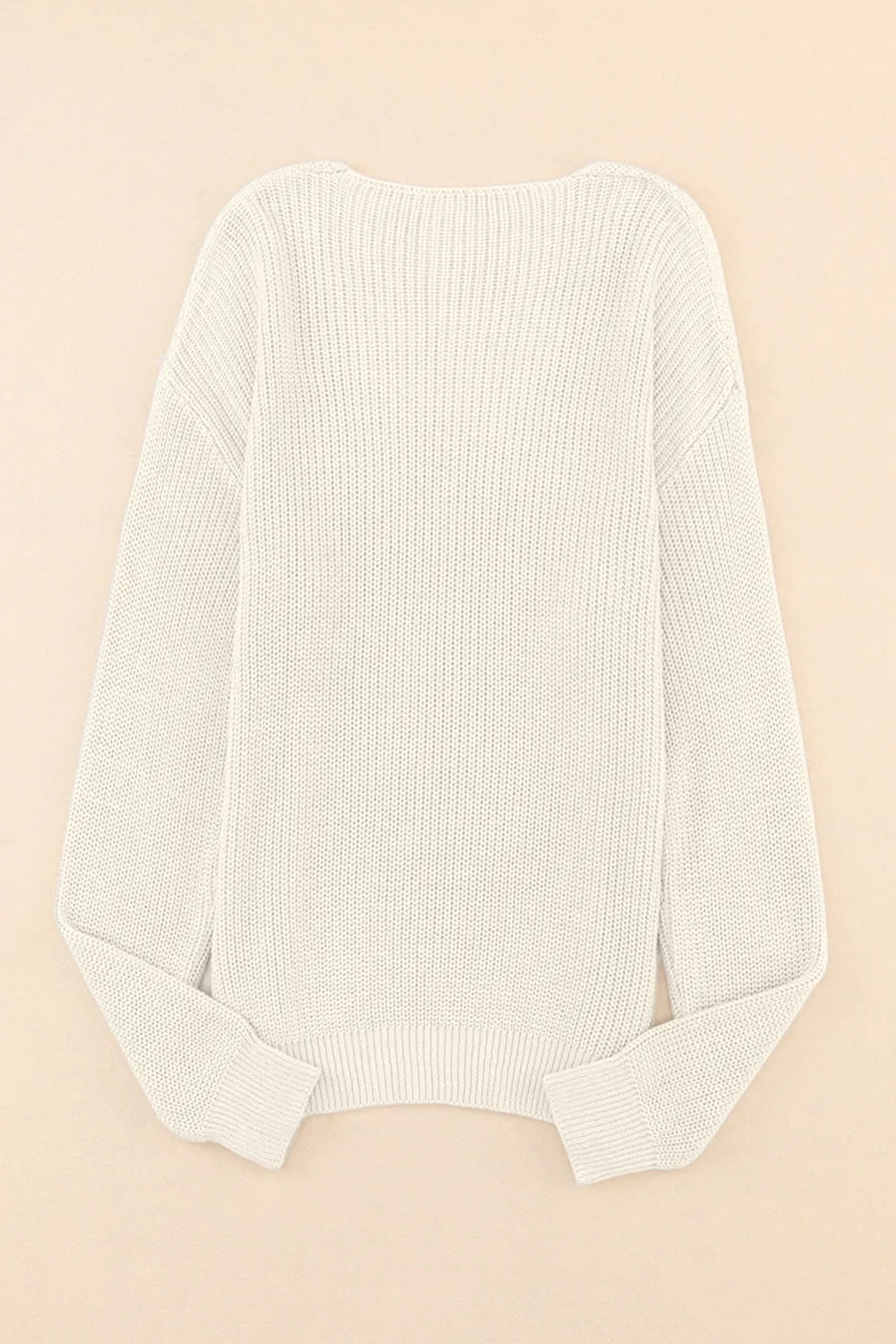 Beige Ribbed Knit V Neck Sweater