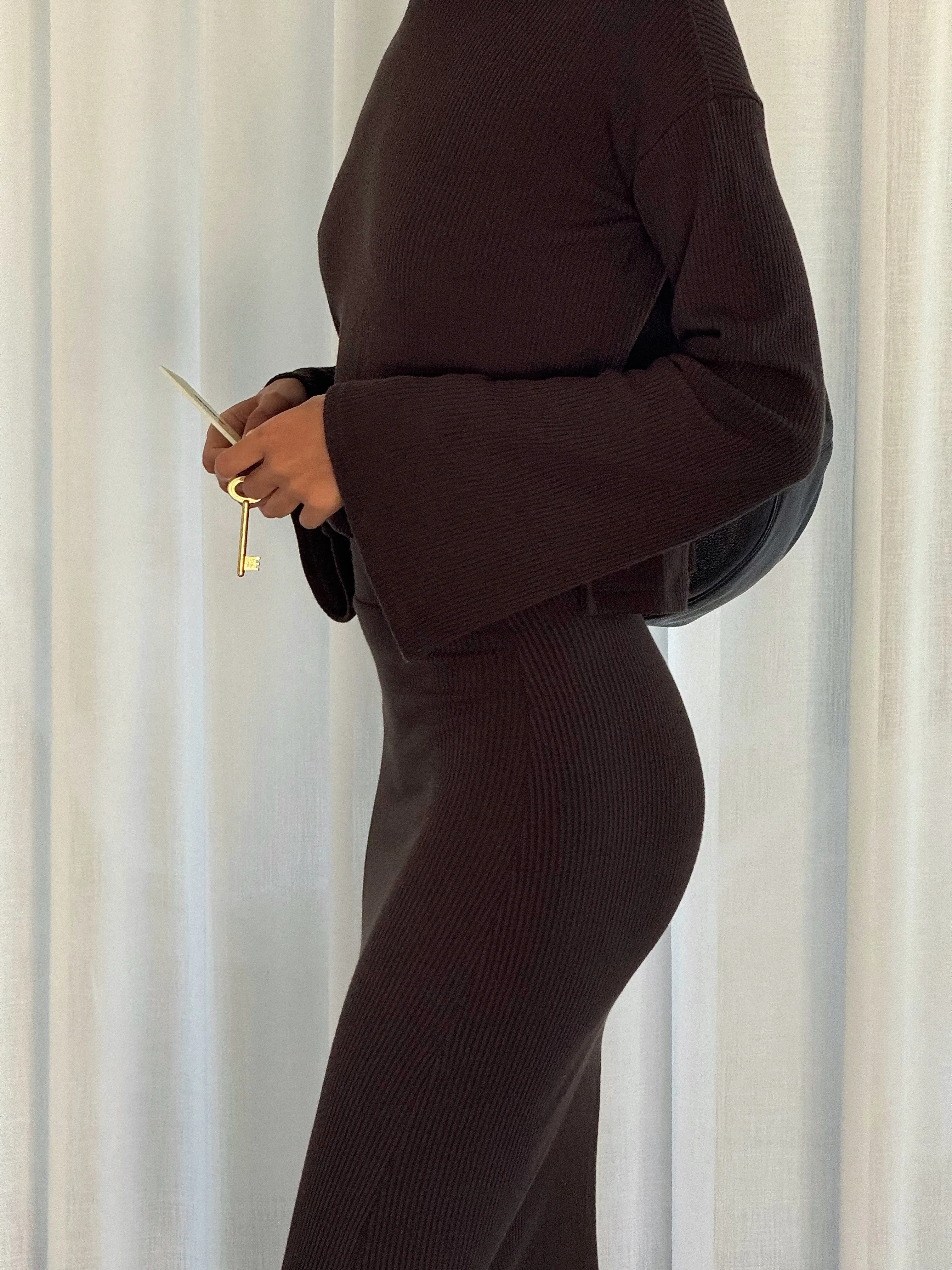Bell Sleeve Boxy Crop Sweater in Tencel Rib Knit