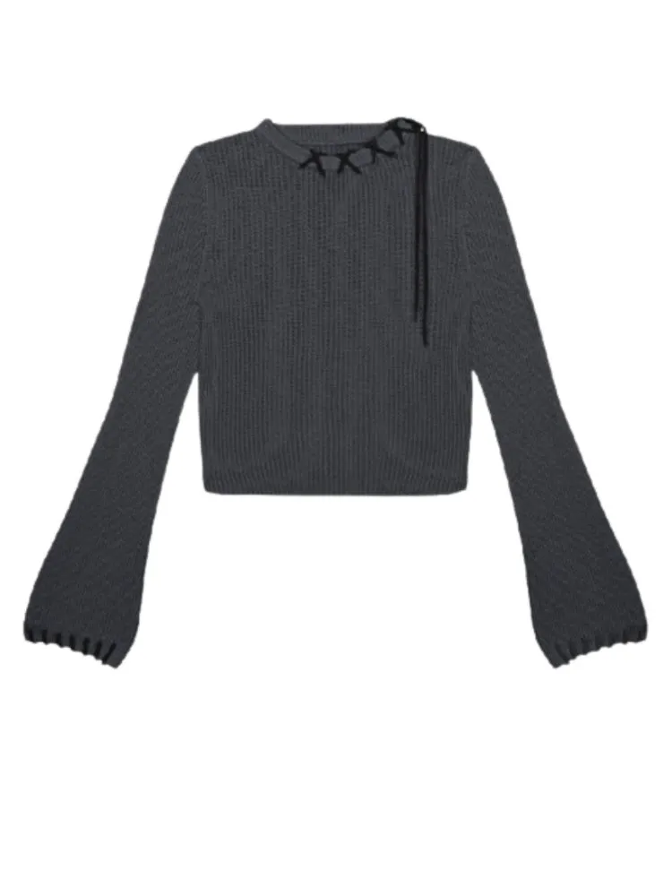 Bell Sleeve Crochet Round Neck Knit Pullover【s0000004410】