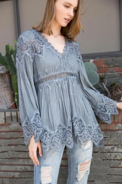 Bell Sleeve Tunic Top Pleat & Crochet Details - Grey