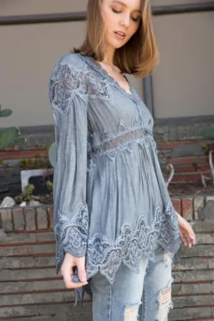 Bell Sleeve Tunic Top Pleat & Crochet Details - Grey