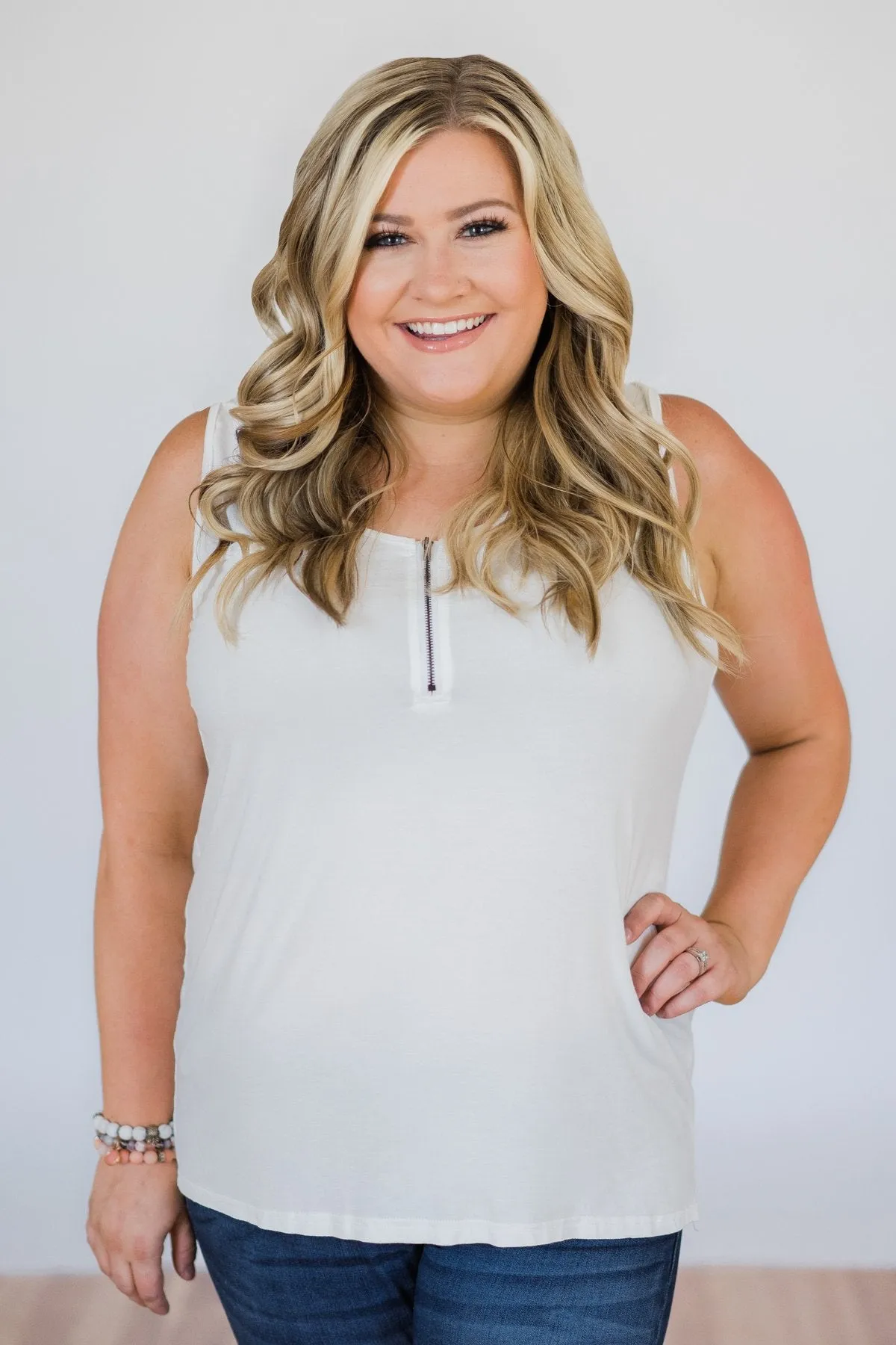 Best of my Days Lace & Zipper Tank Top- Ivory
