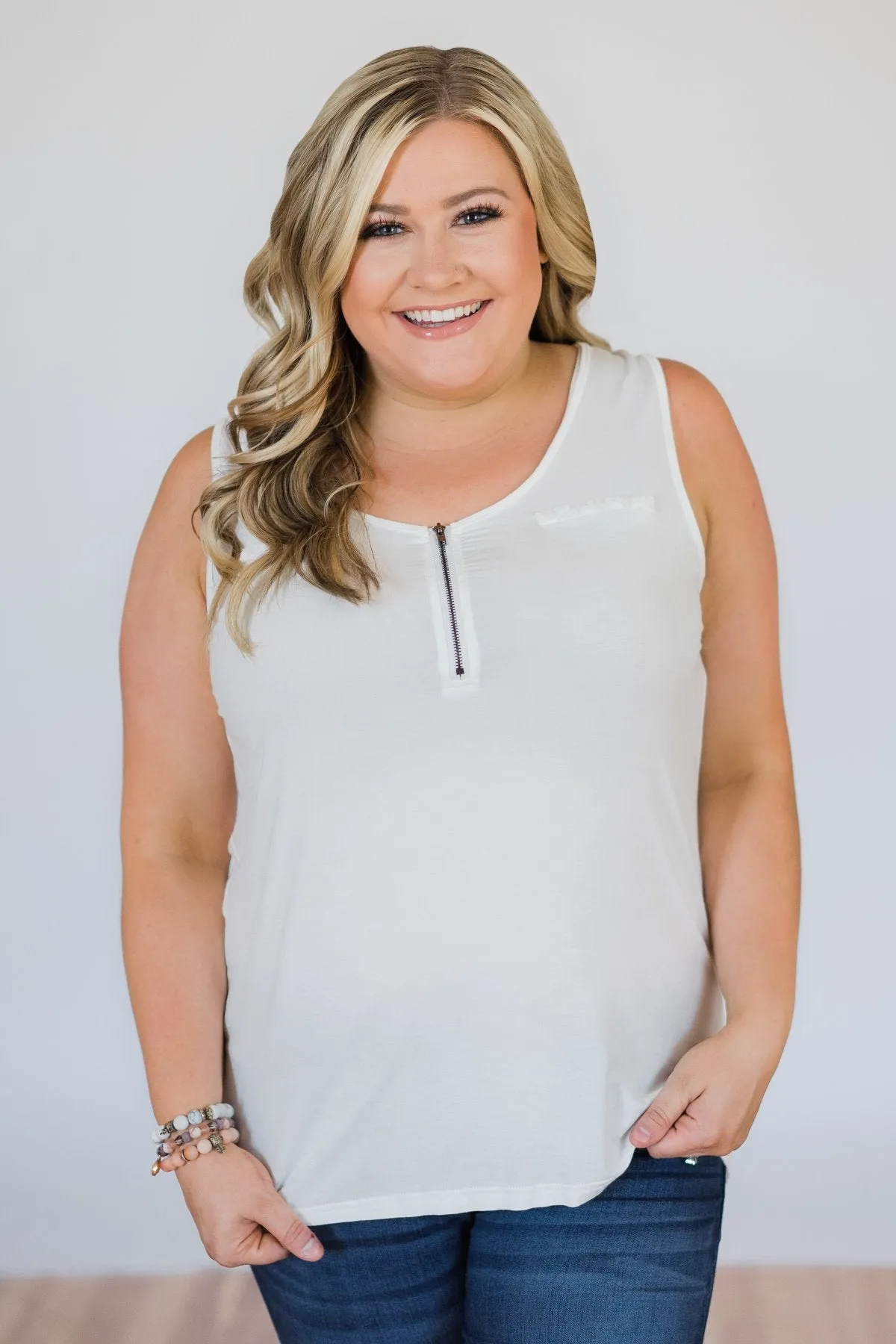 Best of my Days Lace & Zipper Tank Top- Ivory