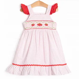 Bitty Dot Berries Smocked Dress, Red