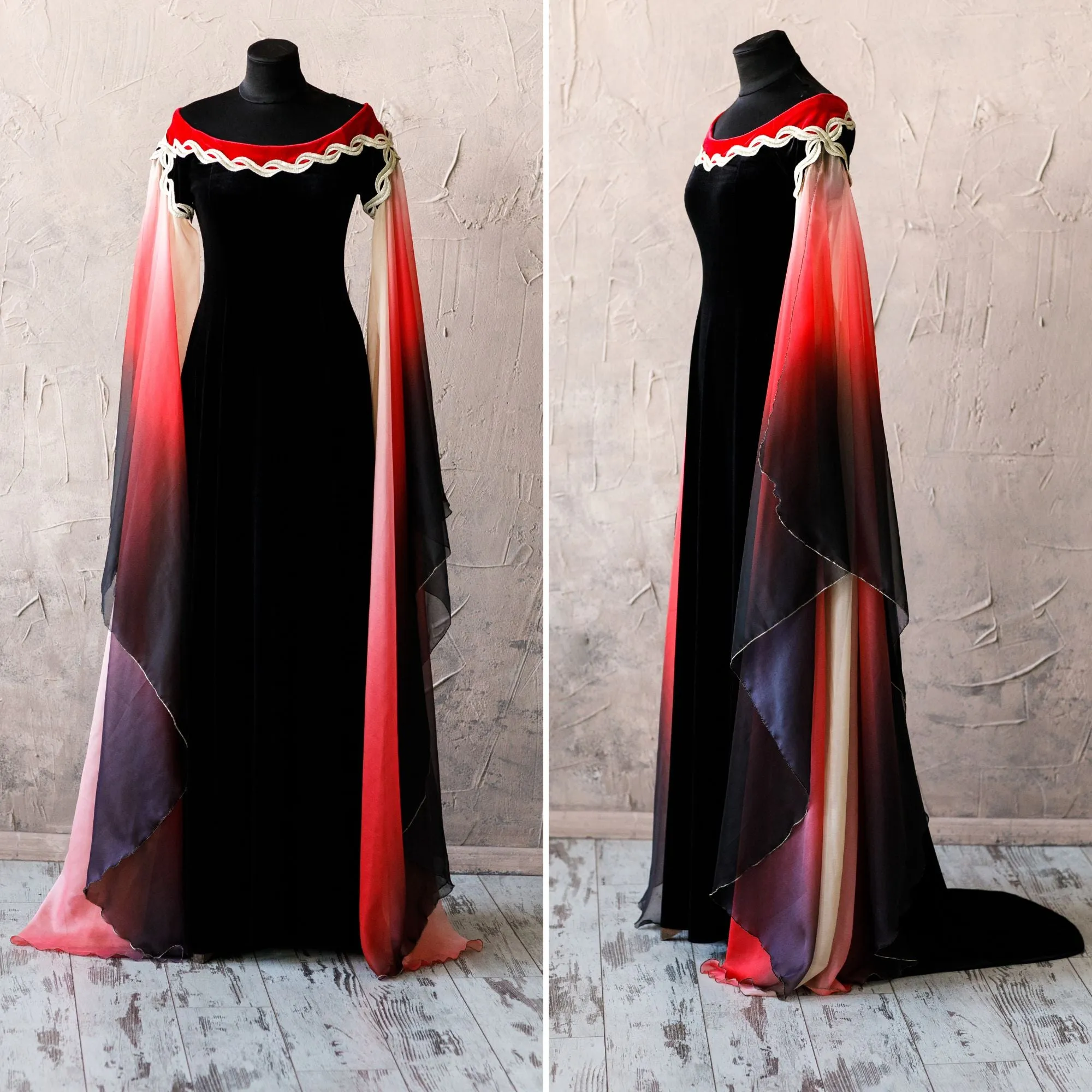 Black and red fantasy gown with ombre sleeves