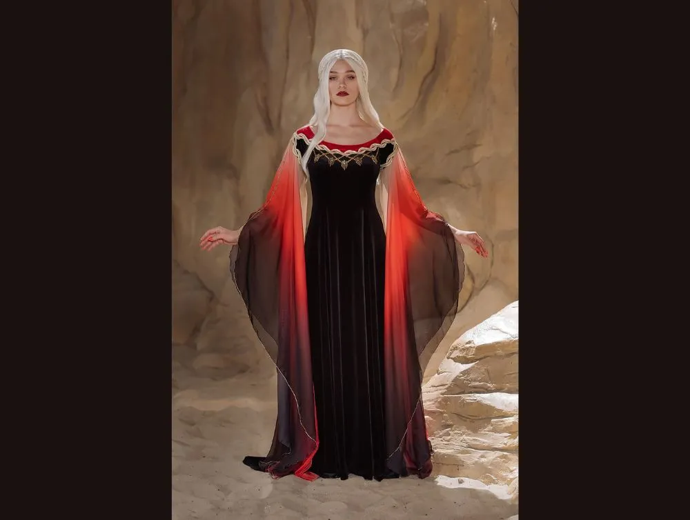 Black and red fantasy gown with ombre sleeves