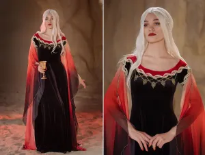 Black and red fantasy gown with ombre sleeves
