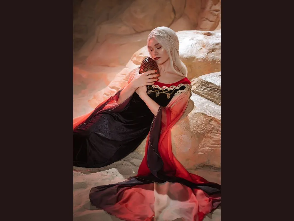 Black and red fantasy gown with ombre sleeves