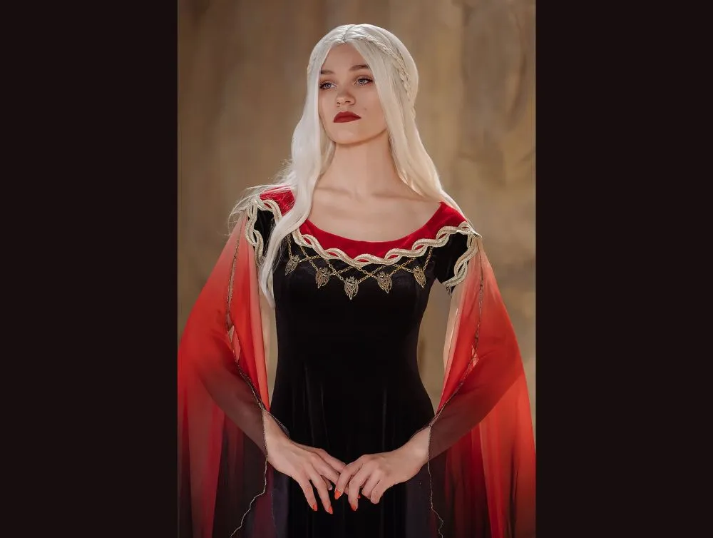 Black and red fantasy gown with ombre sleeves