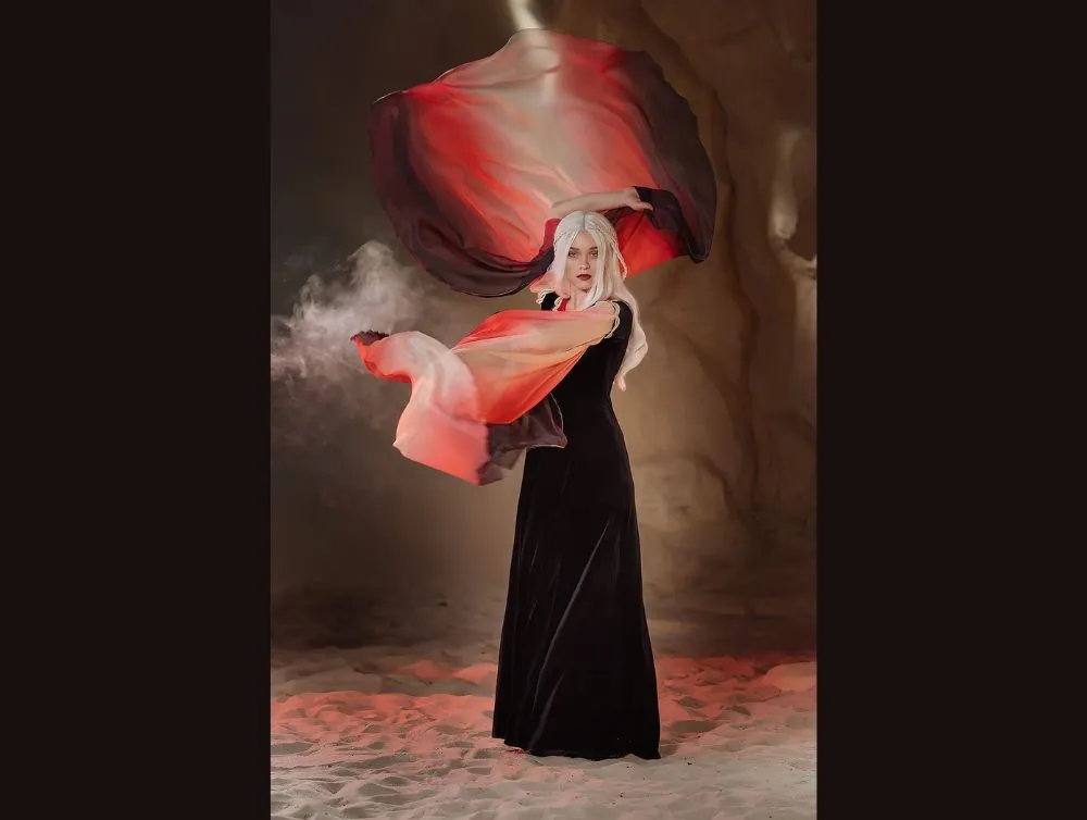 Black and red fantasy gown with ombre sleeves