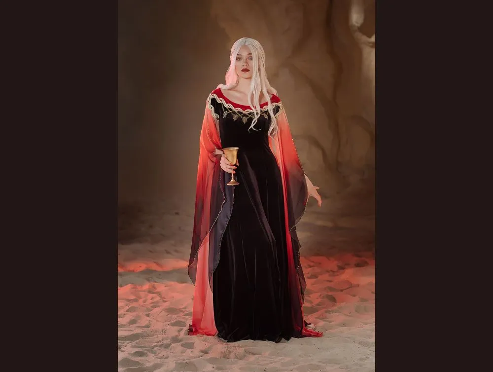 Black and red fantasy gown with ombre sleeves