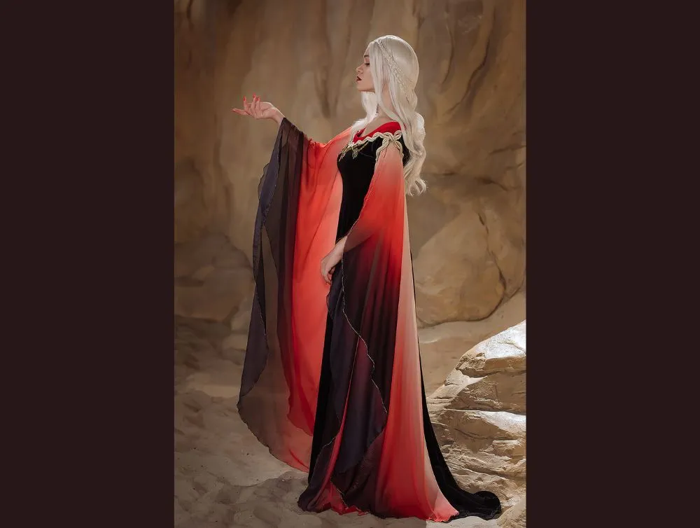 Black and red fantasy gown with ombre sleeves