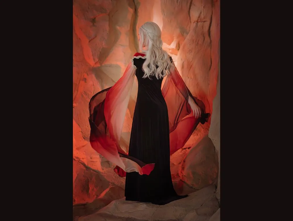 Black and red fantasy gown with ombre sleeves