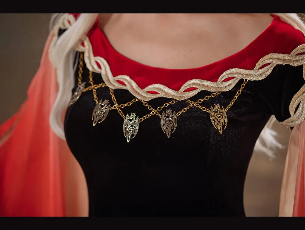 Black and red fantasy gown with ombre sleeves