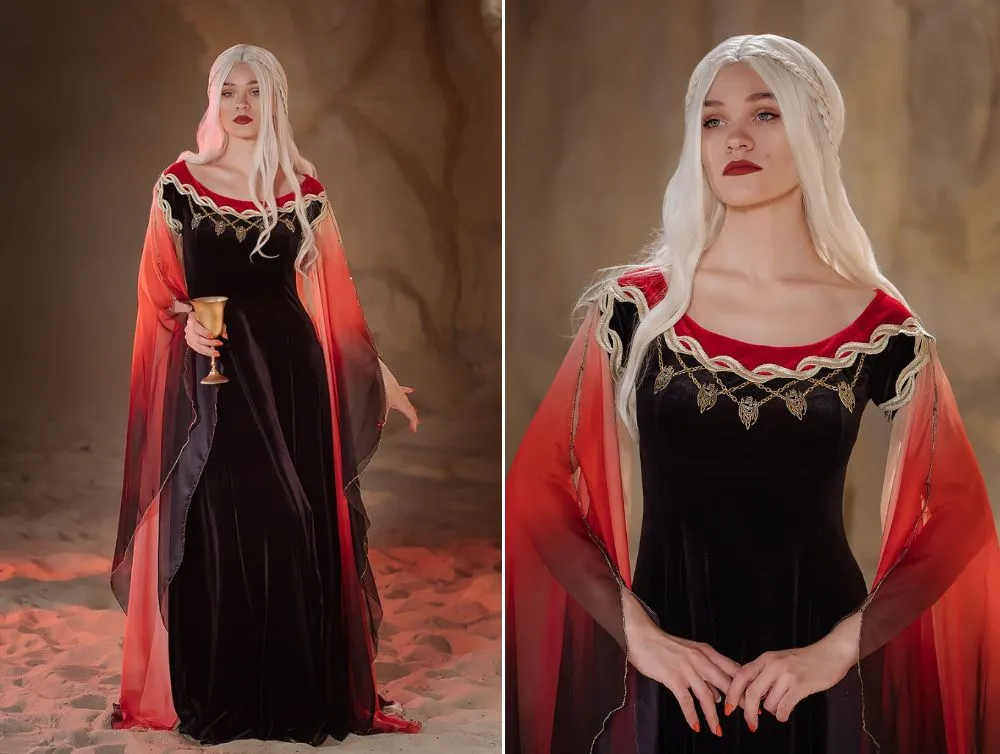 Black and red fantasy gown with ombre sleeves