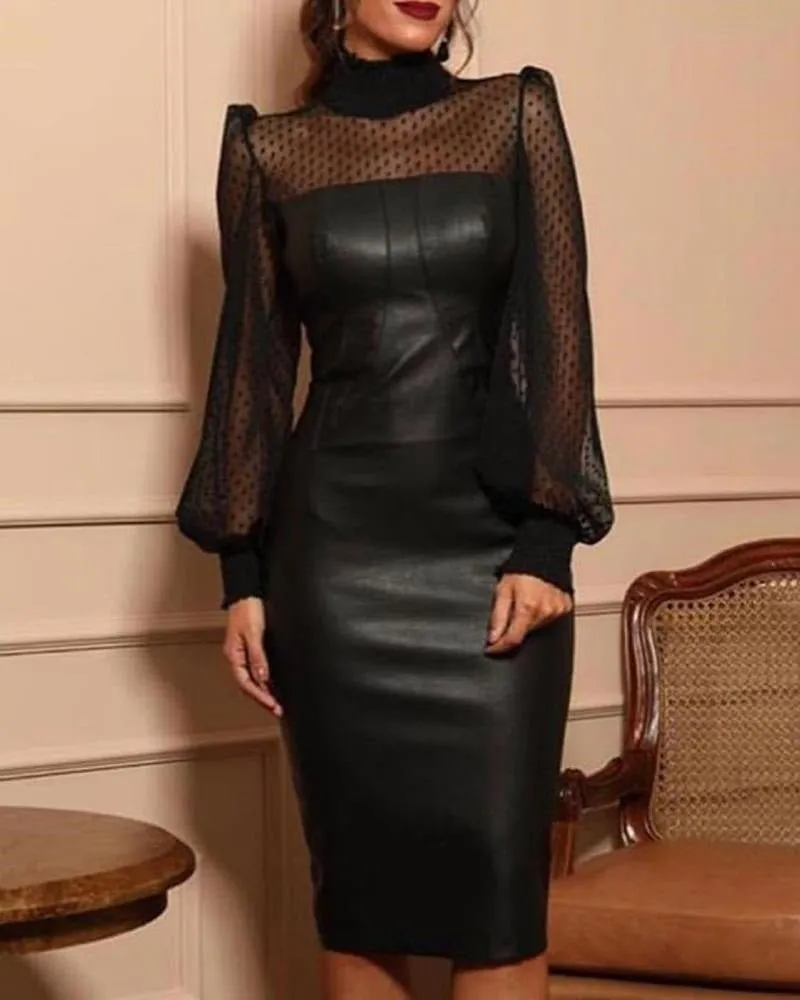 Black Faux Leather and Sheer Polka Dot Long Sleeved Dress