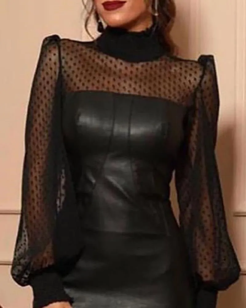 Black Faux Leather and Sheer Polka Dot Long Sleeved Dress