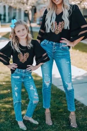 Black Leopard Heart Baseball Seam Print Moms Bell Sleeve Top