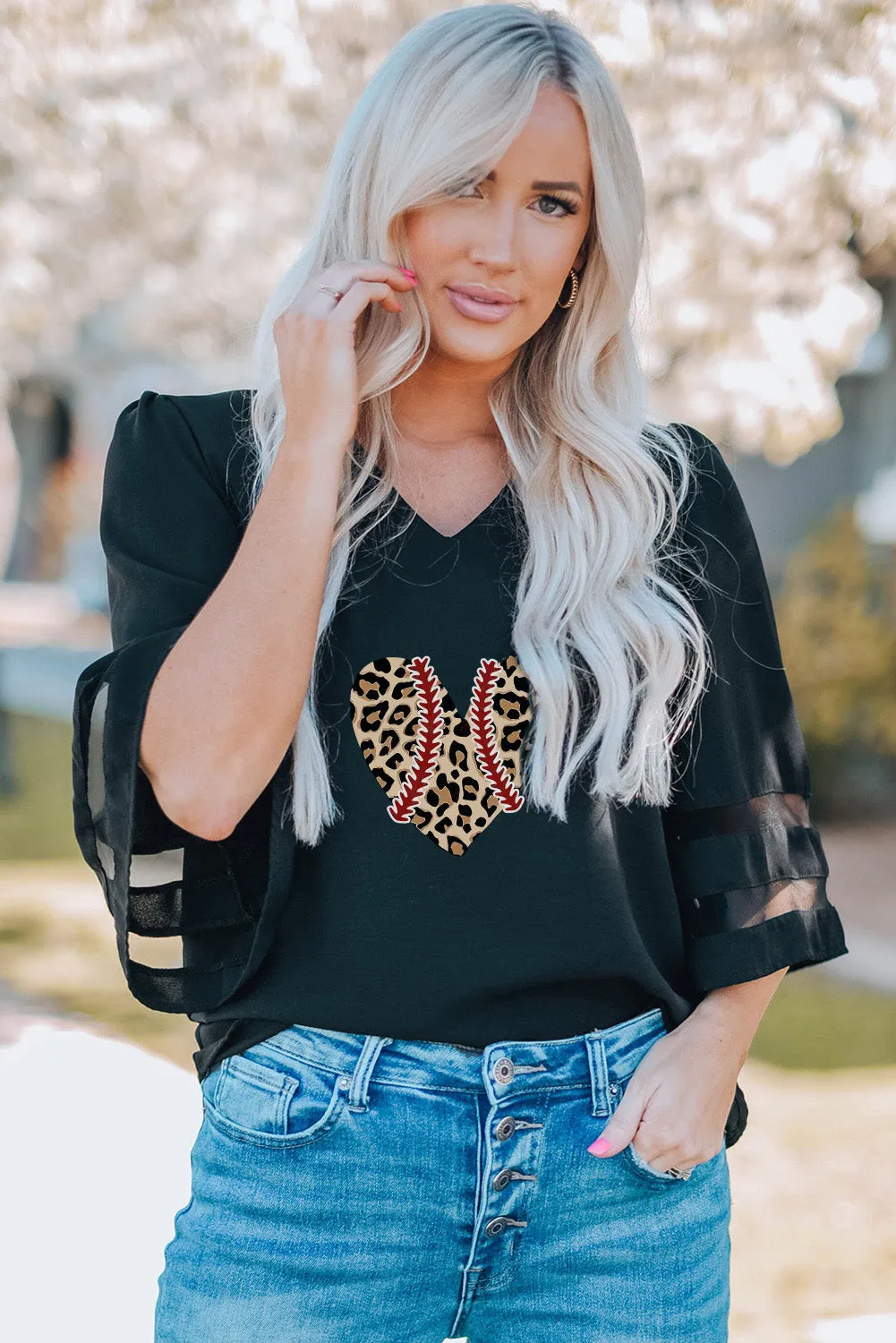 Black Leopard Heart Baseball Seam Print Moms Bell Sleeve Top