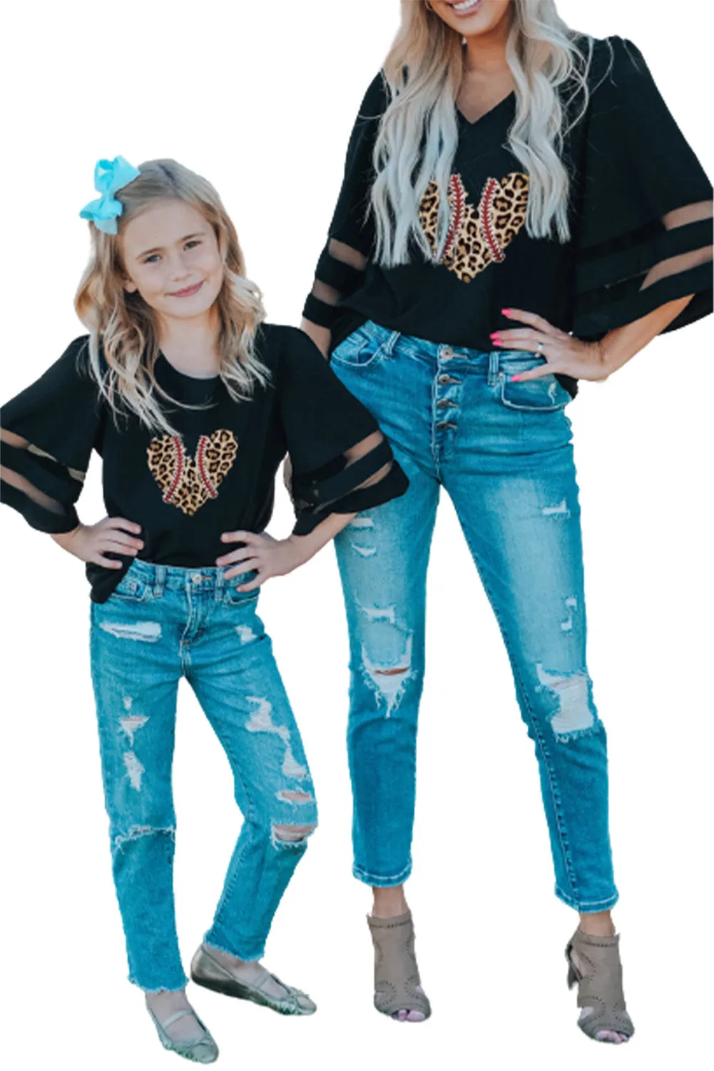 Black Leopard Heart Baseball Seam Print Moms Bell Sleeve Top