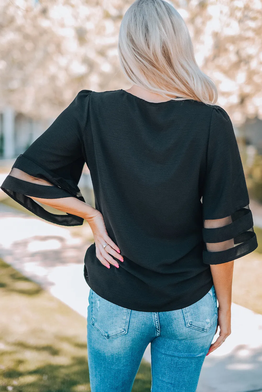 Black Leopard Heart Baseball Seam Print Moms Bell Sleeve Top