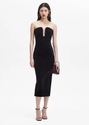 Black Velvet Strapless Midi Dress (Black)