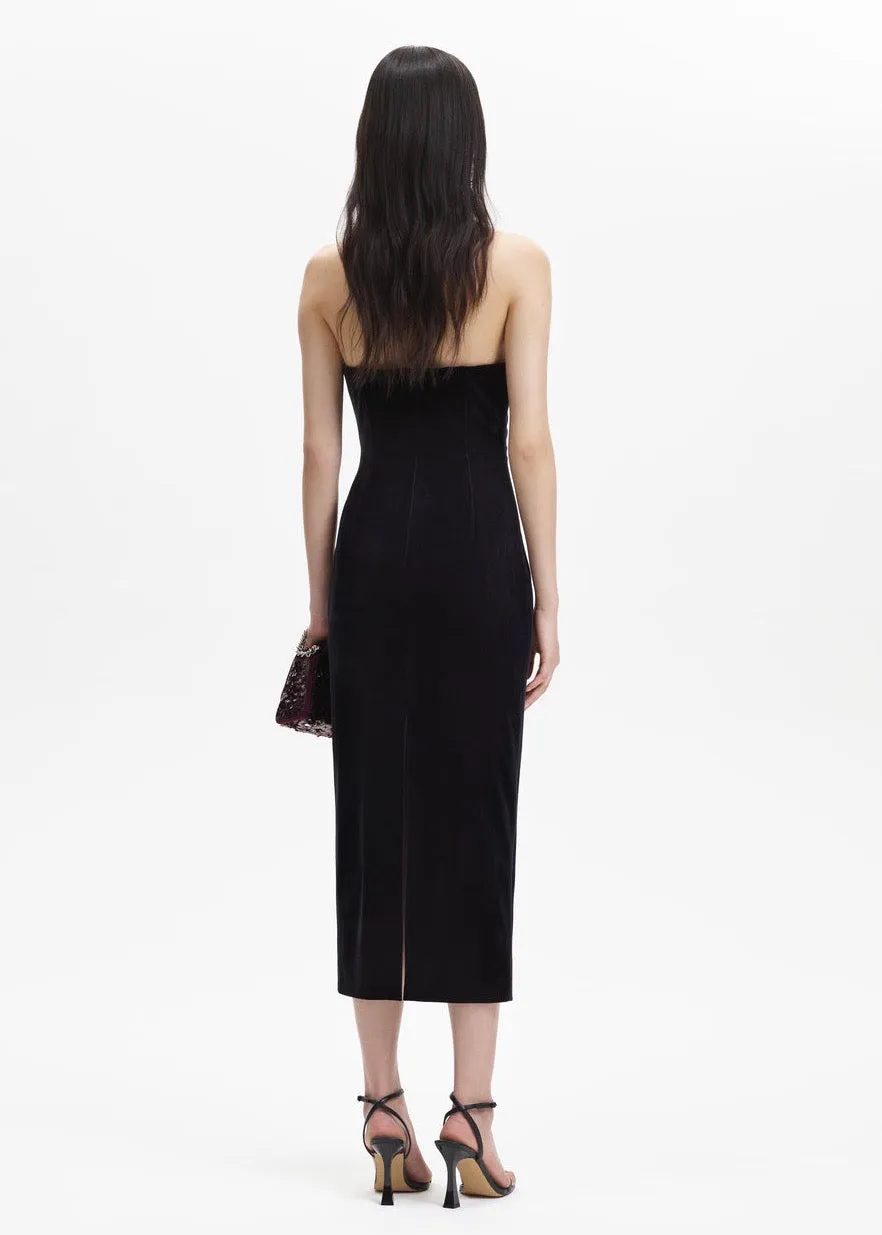 Black Velvet Strapless Midi Dress (Black)