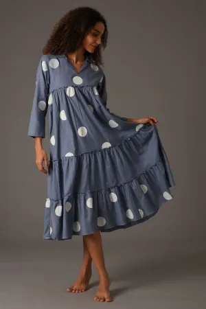 Blue Polka Printed Midi Dress