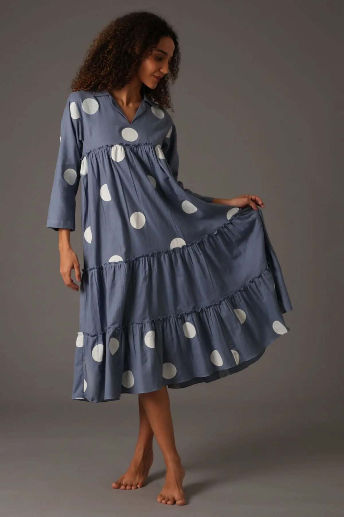 Blue Polka Printed Midi Dress