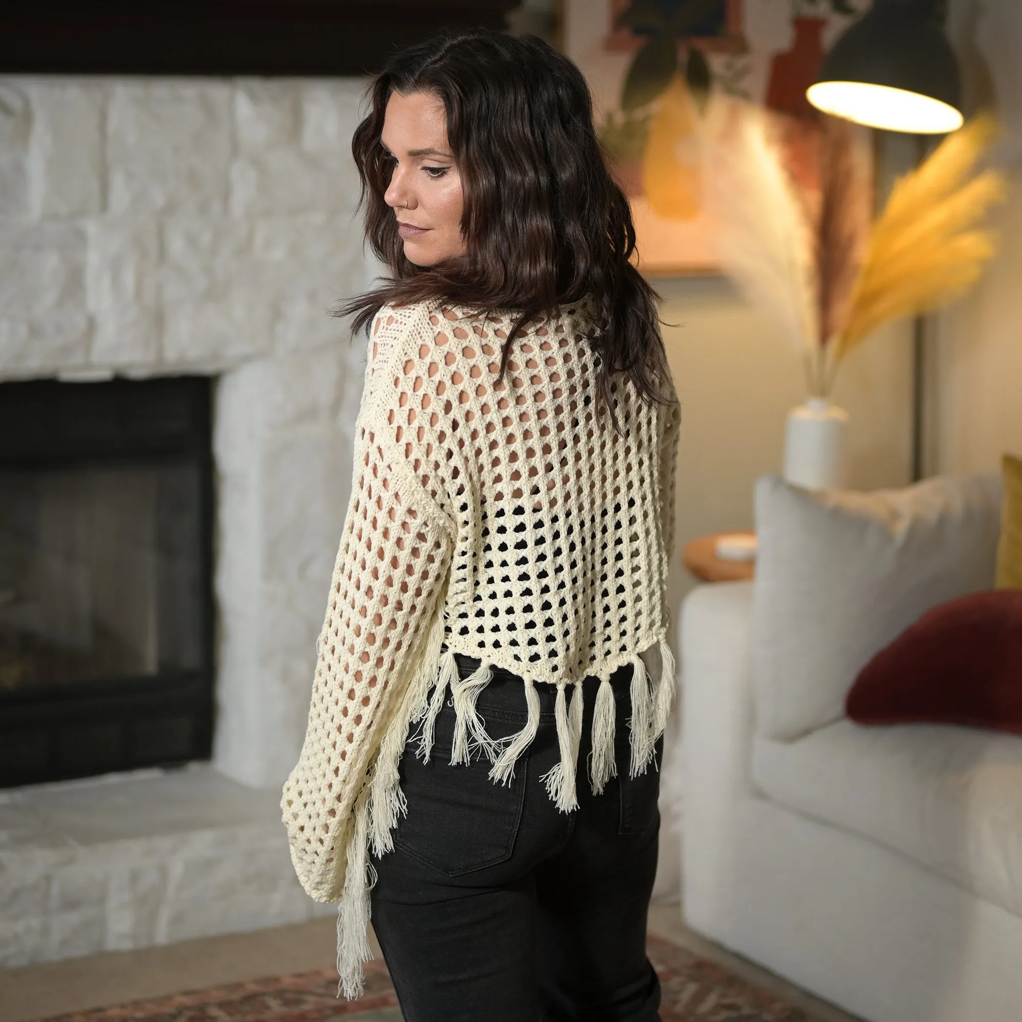 Boat Neck Fishnet Sweater with Fringe