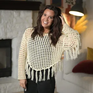 Boat Neck Fishnet Sweater with Fringe