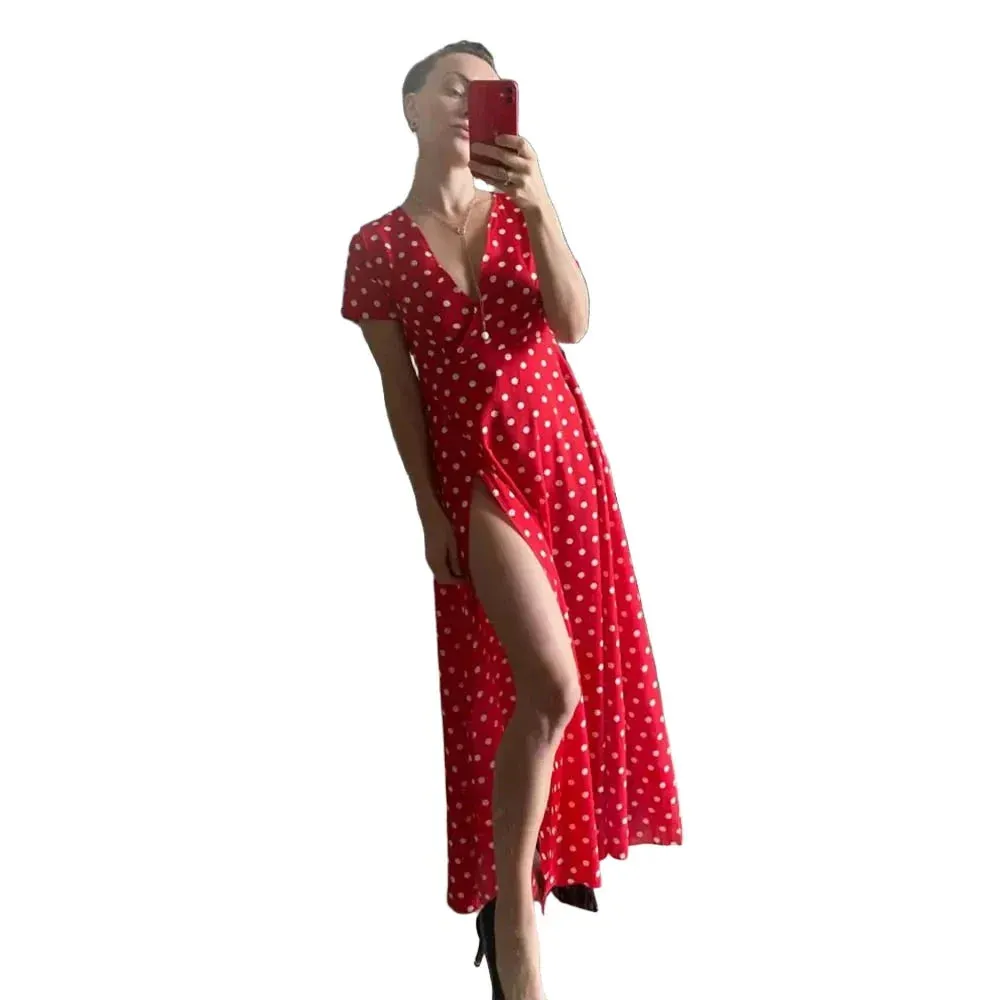 Boho Polka Dot Long Dresses Women Split Short Sleeve Summer Casual Dress Maxi Dress