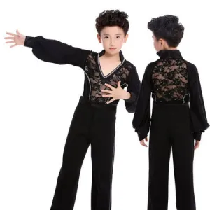 Boys Black Red White Lace Latin Dance Shirts  Children Salsa Rumba Ballroom Tango Modern Dance Stage Performance Long Sleeves Tops for Kids