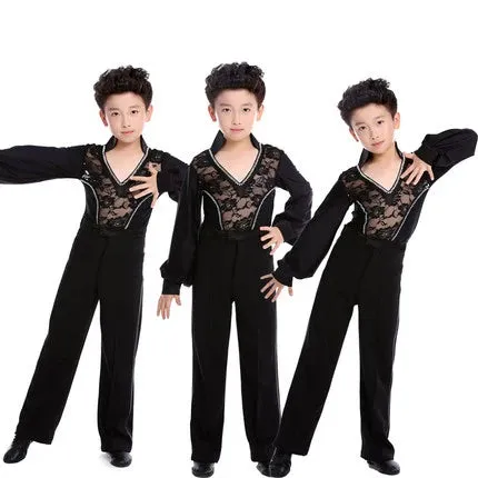 Boys Black Red White Lace Latin Dance Shirts  Children Salsa Rumba Ballroom Tango Modern Dance Stage Performance Long Sleeves Tops for Kids