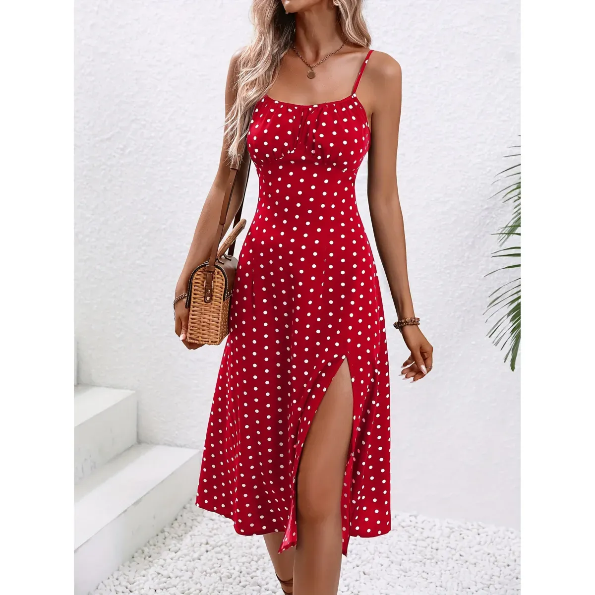 Brooke Polka Dot Spaghetti Strap Flare Midi Dress