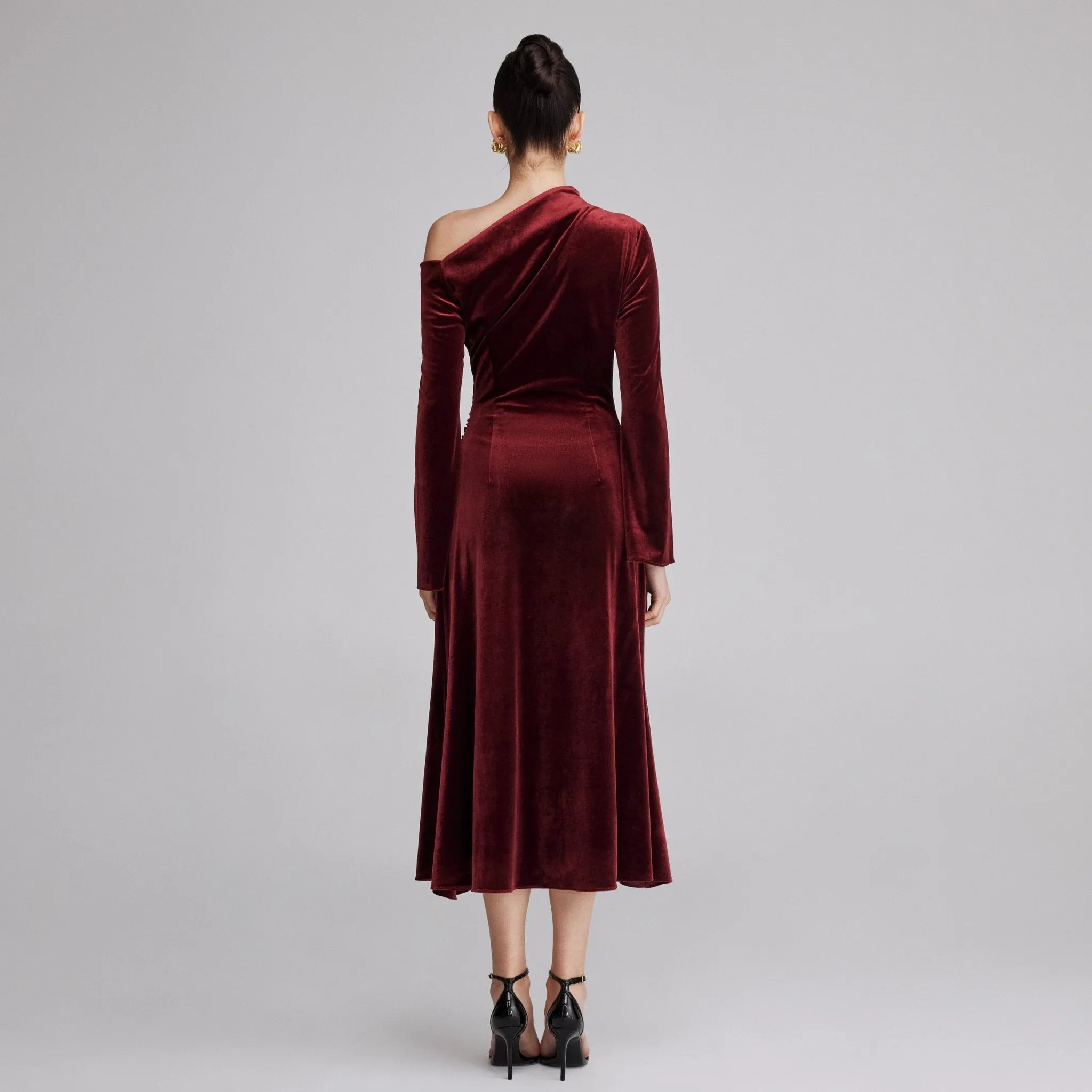 Burgundy Bare Shoulder Velvet Midi Dress