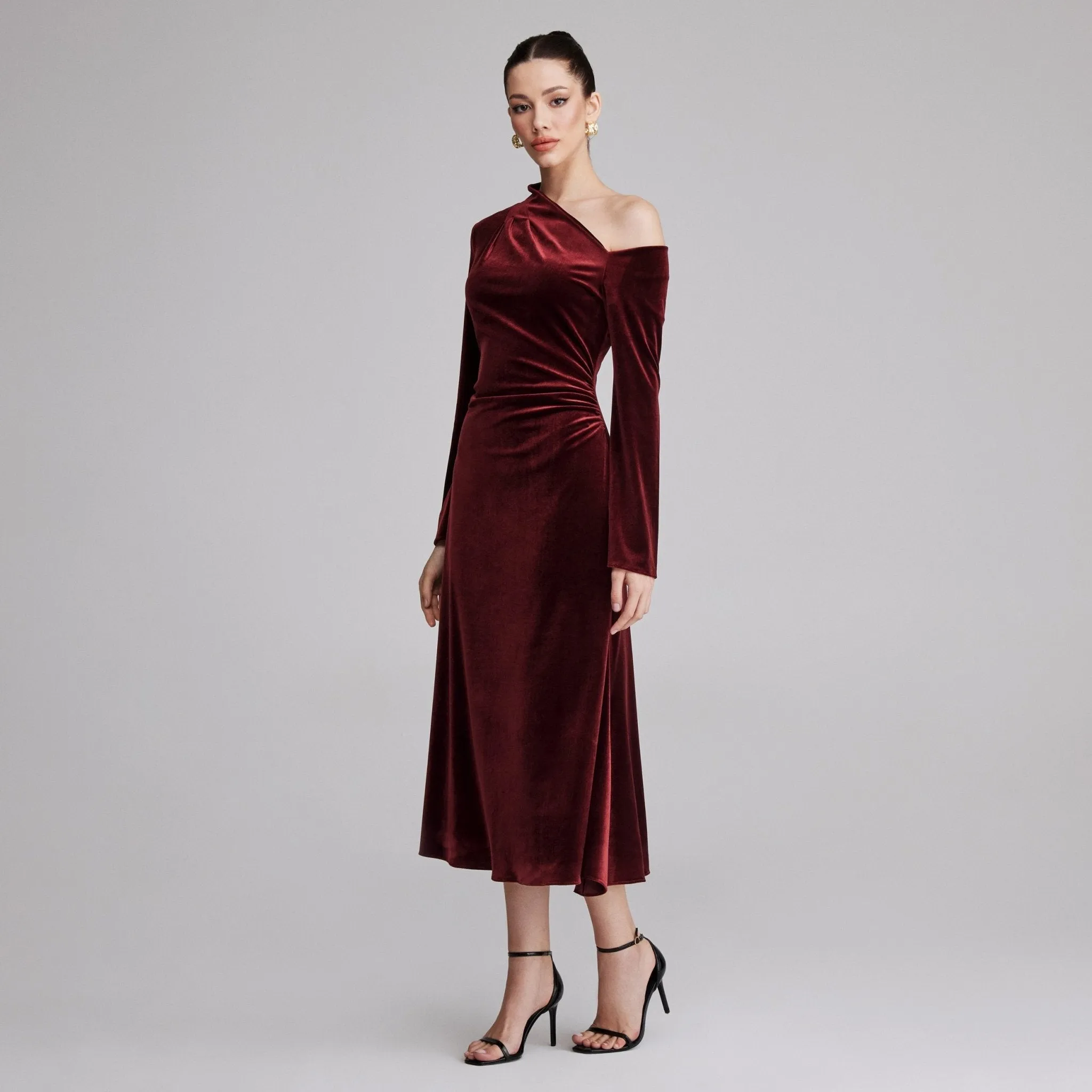 Burgundy Bare Shoulder Velvet Midi Dress