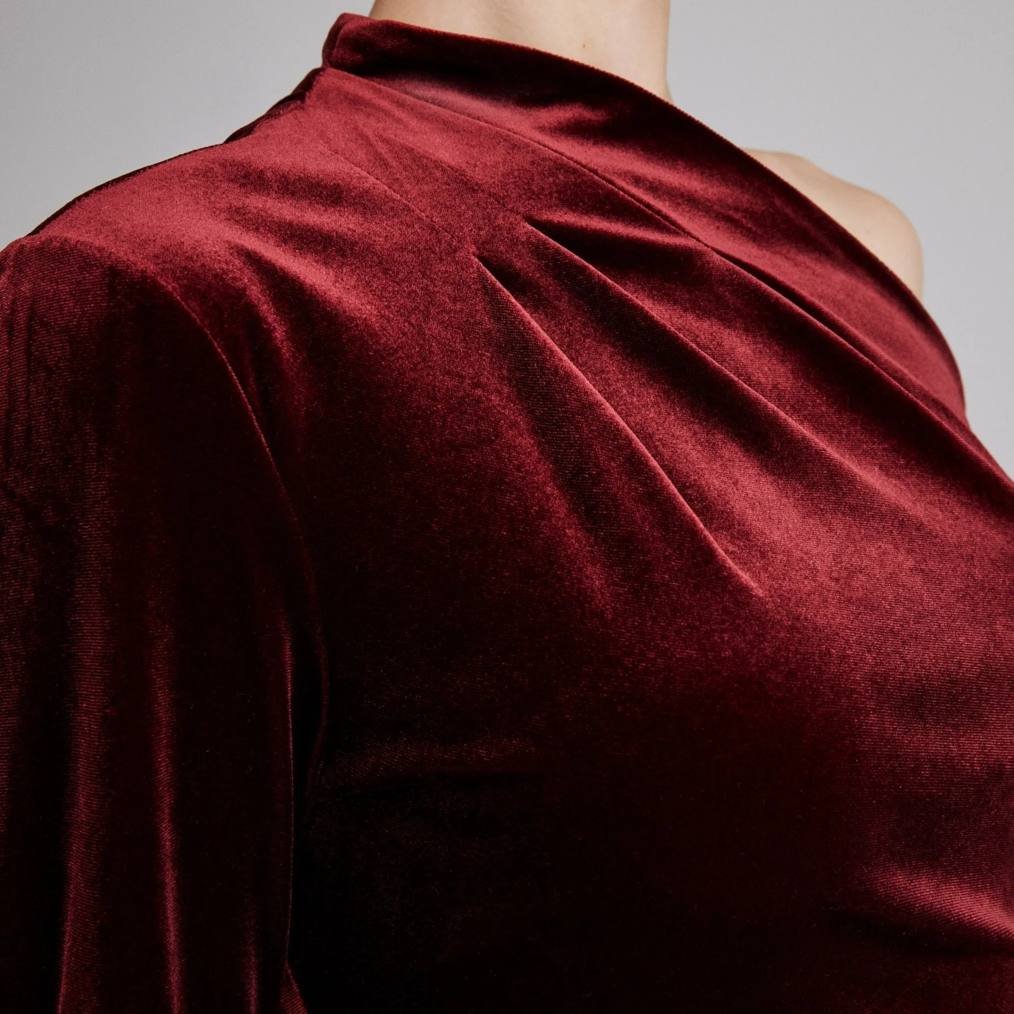 Burgundy Bare Shoulder Velvet Midi Dress