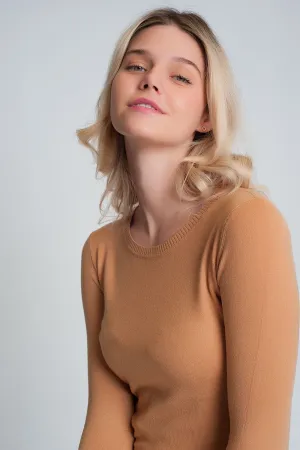 Camel plain crew neck knit jumper