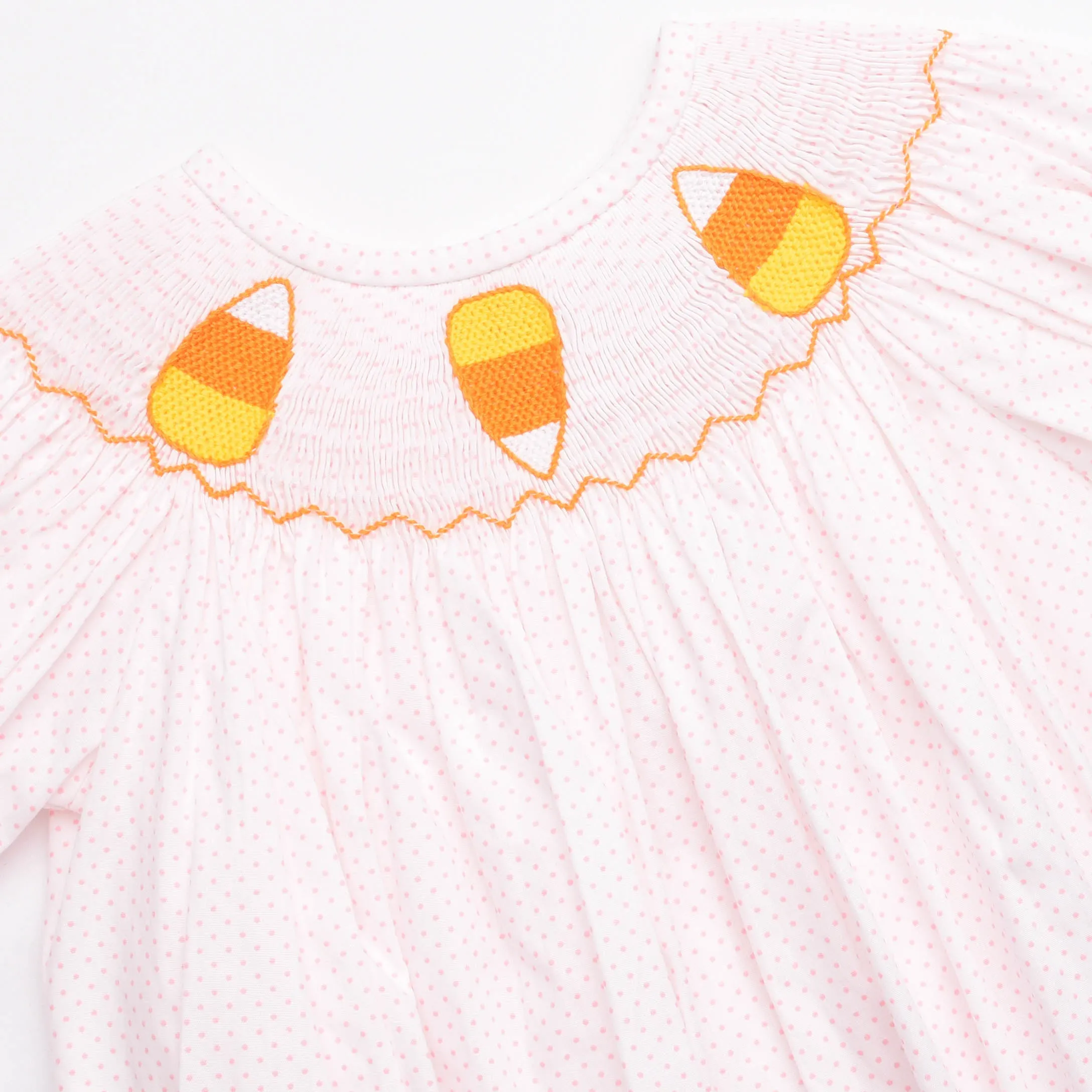 Candy Corn Cutie Smocked Dress, Pink Bitty Dot