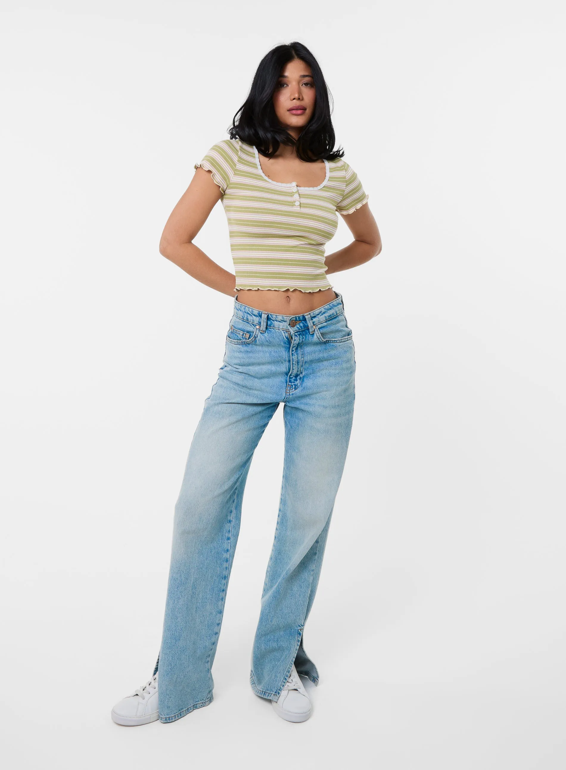 Cap Sleeve Stripe Lace Trim Top