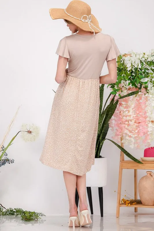 Celeste Polka Dot Round Neck Flutter Sleeve Midi Dress