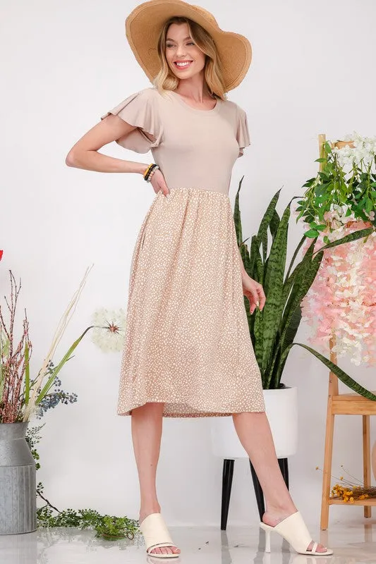 Celeste Polka Dot Round Neck Flutter Sleeve Midi Dress