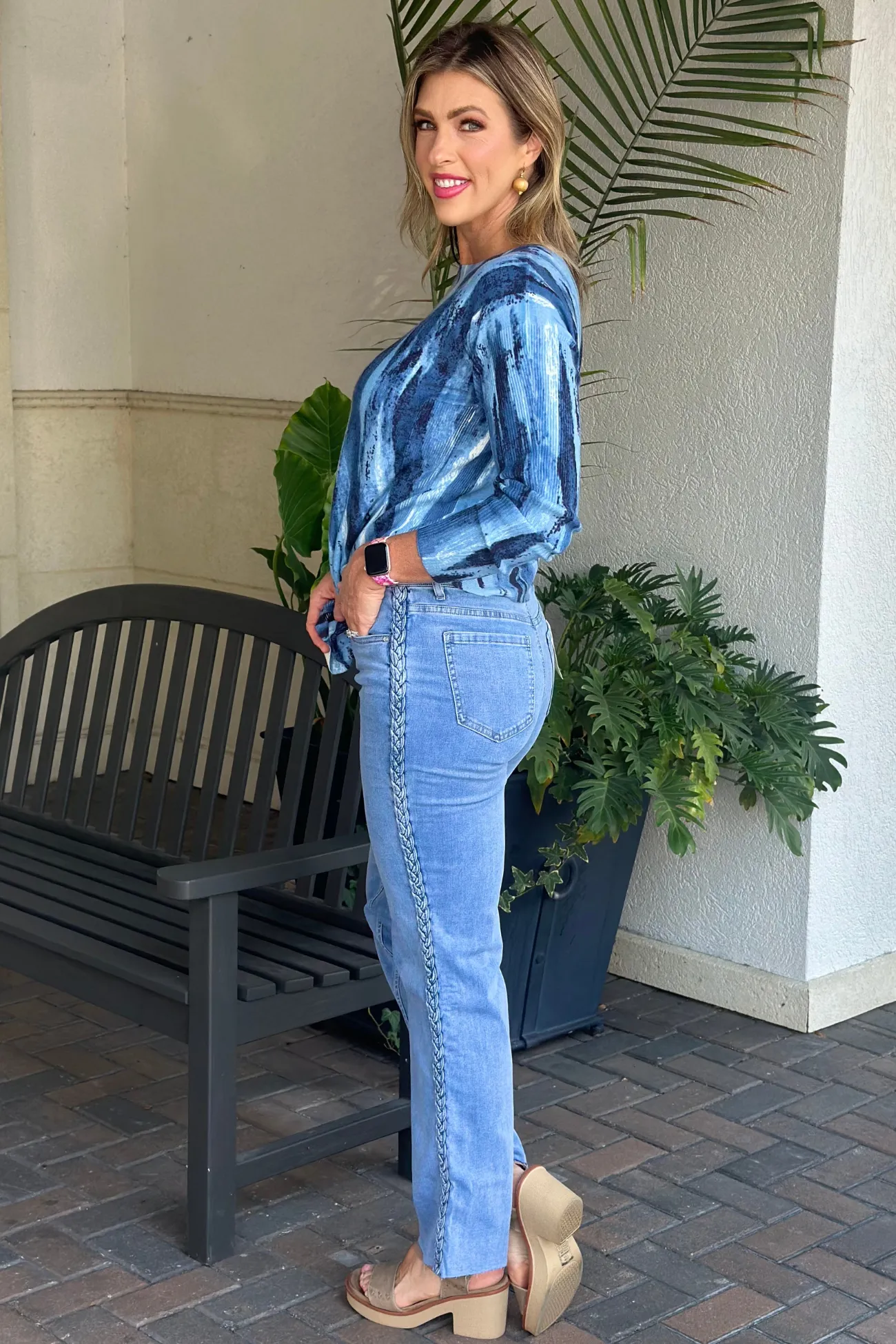 Charlie B Light Blue Side Braided Flare Pant